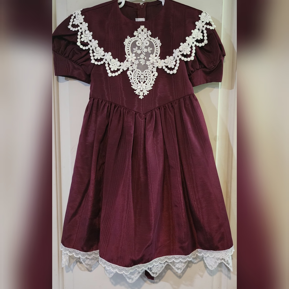 Vintage Girls Jessica McClintock Burgundy Dress with White Accents